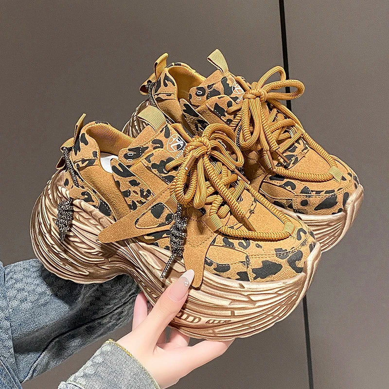 Women's 8CM Leopard Chunky Wedge Sneakers - Leather Platform Walking Shoes