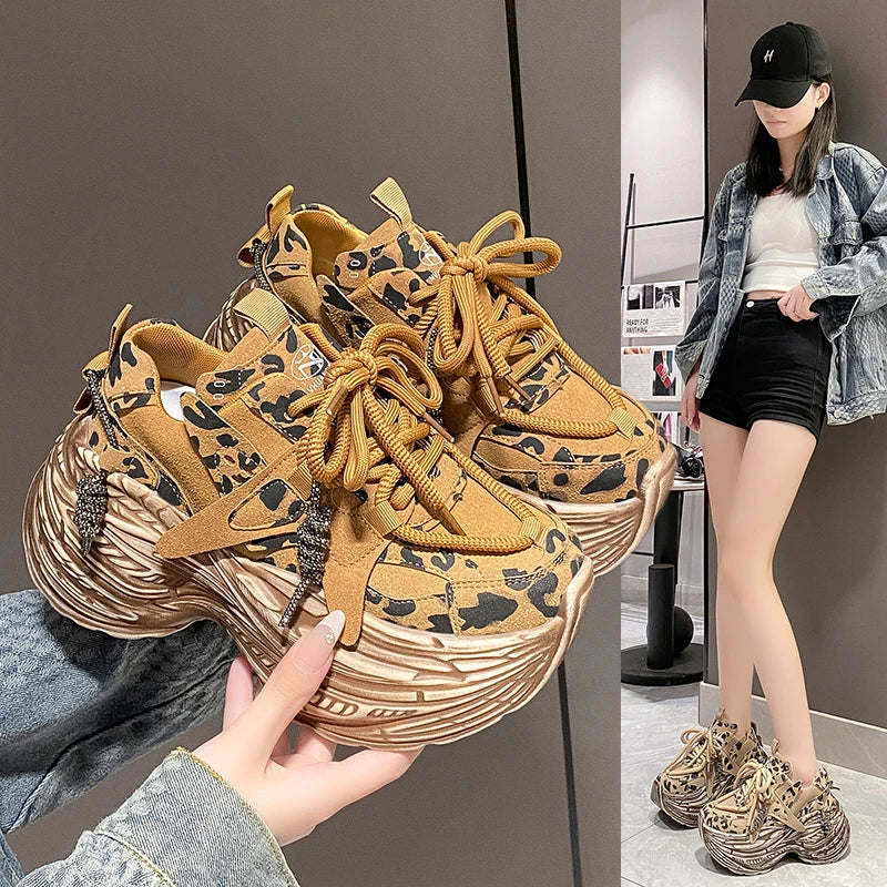 Women's 8CM Leopard Chunky Wedge Sneakers - Leather Platform Walking Shoes